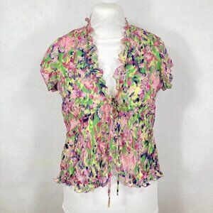 Sheer Babydoll Top Tie Front Flounce Sleeve Floral Ruffle Fairy Dainty Y2K Med